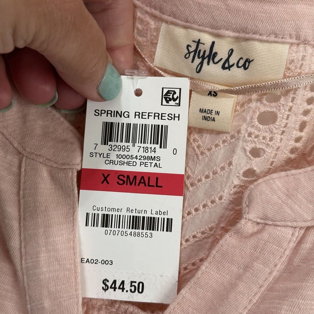 Style & Co Top XS Cap Flutter Sleeve Crushed‎ Petal Pink Popover Casual Lace NEW - Picture 4 of 11